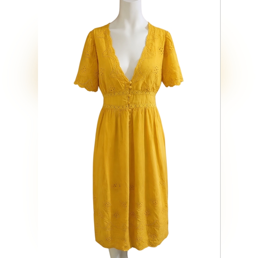 Love Riche Large Yellow Eyelet Cotton Midi Dress